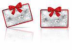 Bokeh gift cards with red bow and reflection. Ribbon. Vector illustration