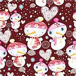 Bright New Year seamless pattern of love snowmen on a dark burgundy background