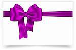 White gift card with violet ribbon and bow. Vector illustration