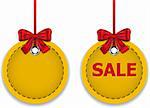 Christmas ball labels made of leather. Blank and sale price tags. Vector illustration