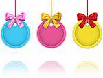Colorful Christmas baubles made of leather tied with bows. Blank holiday labels with reflections. Vector illustration