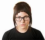 Sneering female adult with nose ring and eyeglasses