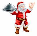 Une illustration du père Noël, faire signe de parfait du chef avec sa main et tenant un plateau couvert de nourriture