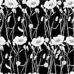 Seamless wallpaper with decorative flowers, monochrome illustration