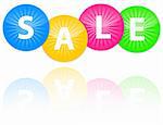 Colorful glossy icons with the word sale with reflection. Shiny shopping labels. Vector