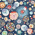 seamless colorful abstract pattern on a blue background with flowers and circles