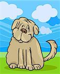 Cartoon Illustration of Funny Purebred Tibetan Terrier Dog or Labrador Doodle or Briard against Blue Sky and Green Grass