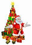 An illustration of happy Christmas Santa Claus with a large stack of presents or gifts in a Christmas tree shape with a star on top.