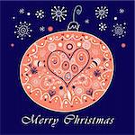 Bright Christmas card with a red ball on a blue background