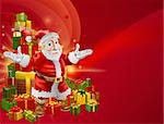 A red abstract Christmas background with chubby cheerful cartoon Santa and Christmas gifts.