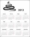 Calendar for 2013 year in French with the snake. Mondays first. Vector illustration
