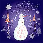 bright cheerful Christmas card with a snowman on a blue background with snow and trees