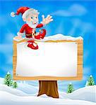 Illustration of happy cartoon Santa Claus sitting on a Christmas sign in winter landscape and waving