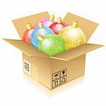 Christmas Colorful Baubles in Cardboard Box, icon isolated on white, vector illustration