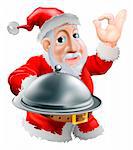 A cartoon glücklich Santa tun ein Chef der perfekte Zeichen mit der Hand und hält einen überdachten Metall-Teller mit Essen