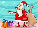 Illustration dessin animé drôle de père Noël ou Papa Noel avec sac de cadeaux et des cadeaux de Noël
