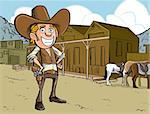 Cartoon cowboy with sixguns . Town street in the background with horses