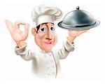 Illustration of a cartoon friendly happy chef with silver serving tray smiling and doing okay sign