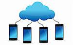 mobile phones connected to cloud illustration design over white