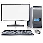 Realistic 3D Computer Case with Monitor, Keyboard and Mouse, isolated on white background, vector illustration