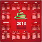 Calendar for 2013 year in Spanish on red leather background and a snake in a pocket. Vector illustration