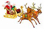 Illustration of Santa Claus in his Christmas sled being pulled by red nosed reindeer