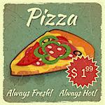 Jahrgang im Menü Grunge Karte mit Slice Pizza, Ort für Preis - Vektor-illustration