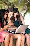 Women using laptop whilst sitting on a tree branch