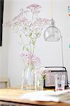 Blumen, Radio und Wasserglas auf Tisch