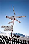 Post with road signs by wooden fence