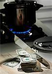 Dollar bills in frying pan on stove