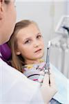 Girl Looking at Needle held by Dentist, Germany