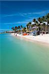 Beachfront Resort with Flags and Beach Huts, Palm Beach, Aruba, Leeward Antilles, Lesser Antilles, Caribbean