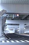 Street under the highway with traffic light and zebra crossing