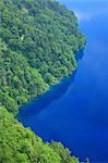 Aerial view of Lake Mashu and trees in Teshikaga, Hokkaido