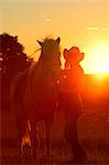 Young woman with horse on meadow in backlight