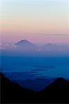 Sunset over Mount Agung and Mount Batur on Bali, and the Three Gili Isles taken from Mount Rinjani, Lombok, Indonesia, Southeast Asia, Asia