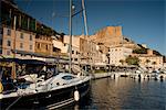 Une vue d'yachts dans le port et la Citadelle de Bonifacio, Corse, Méditerranée, Europe