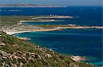 An elevated view of the southwest coast of Corsica near Bonifacio called Reserve Naturelle des Bouches de Bonifacio, Corsica, France, Mediterranean, Europe