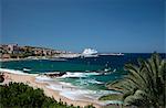 A view over the beach to the town of Propriano on the southwest coast of Corsica, France, Mediterranean, Europe