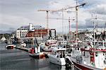 Bateaux de pêche locaux et grues travaillant sur le nouveau site de la bibliothèque pour la Norvège du Nord, port de Bodo, au nord du cercle Arctique, Nordland, Norvège, Scandinavie, Europe