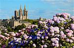 Panorama mit rosa und blauen Hortensien im Vordergrund und die Kathedrale Notre Dame auf die Skyline der Stadt von Coutances, Cotentin, Normandie, Frankreich, Europa