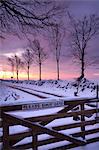 Couvert de neige en bois porte sur une route de marécage, Exmoor, Somerset, Angleterre, Royaume-Uni, Europe