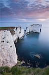 Dawn over Old Harry Rocks on the Jurassic Coast, UNESCO World Heritage Site, Dorset, England, United Kingdom, Europe