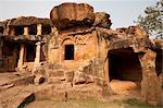 Sculpture sur l'un des 18 Udayagiri grottes, résidences pour les moines de Jean à l'époque du roi Kharavela 2000 ans, Bhubaneswar, Orissa, Inde, Asie