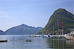 View of Monte San Salvador from the Lido, Lugano, Lake Lugano, Ticino, Switzerland, Europe