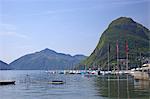 Blick auf Monte San Salvador aus dem Lido, Lugano, Luganersee, Tessin, Schweiz, Europa