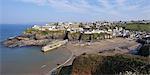 Panoramic photo of old harbour in Port Isaac in spring sunshine, Cornwall, England, United Kingdom, Europe