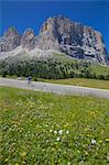 Radfahrer und Langkofel-Gruppe, Sellajoch, Trento und Provinzen Bozen, Dolomiten, Italien, Europa