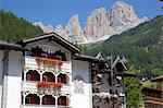 Chalet balconies, Ciampedel, Fassa Valley, Trento Province, Trentino-Alto Adige/South Tyrol, Italian Dolomites, Italy, Europe